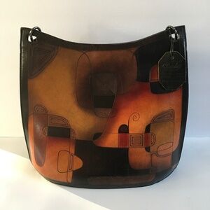 Bambas Art Designer Handmade Engraved Genuine Leather Shoulder Tote Bucket Bag